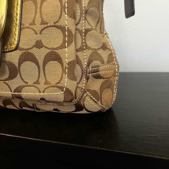 Coach Bleeker Signature Buckle Flap Gold Metallic and Brown Signature Bag - Picture 12 of 15